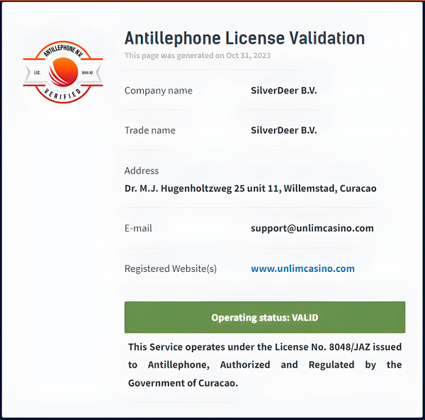 Unlima Kazino licence